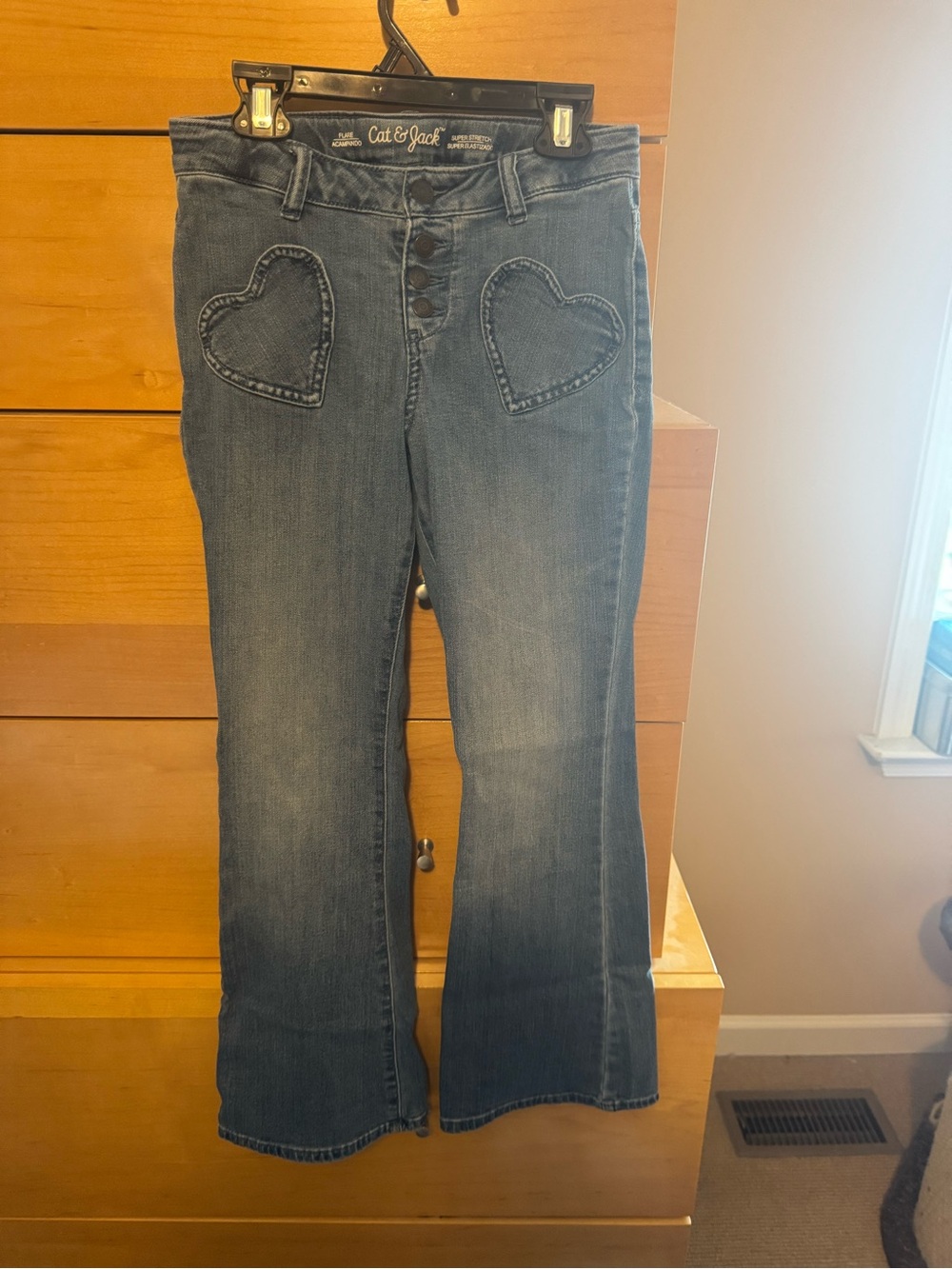 Girls Size 12 Cat & Jack Denim Flare Jeans with Heart Patch Pockets - Blue